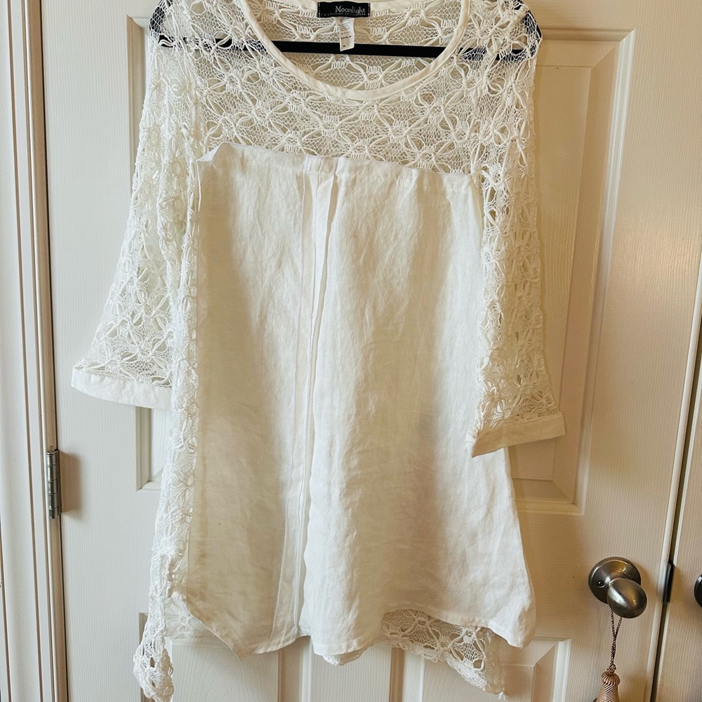 White Linen Asymmetrical Blouse with Lace Sleeve & Back